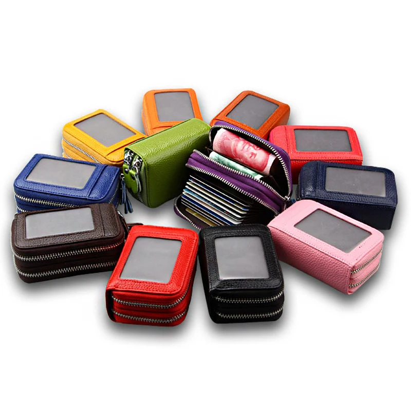 Women ID Card Holder Genuine Leather Double Zipper Ladies Credit Card