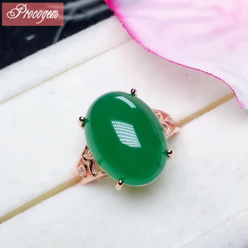 

Natural Green Chalcedony Rings for Women Men Oval 12x16mm Fine Chalcedony Jewelry Party 925 Sterling silver 18K Gold plated #190