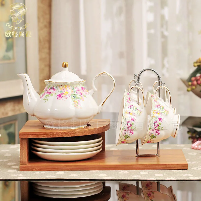 

High Grade 9 pcs Sets European coffee sets with wood holder Afternoon tea Bone porcelain coffee pot cup suacer set Free Shipping