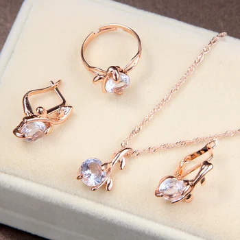Fashion Elegant Gold color Austrian Crystal Pendants Necklaces Earrings Ring Set Bridal Jewelry Sets For Women Wedding