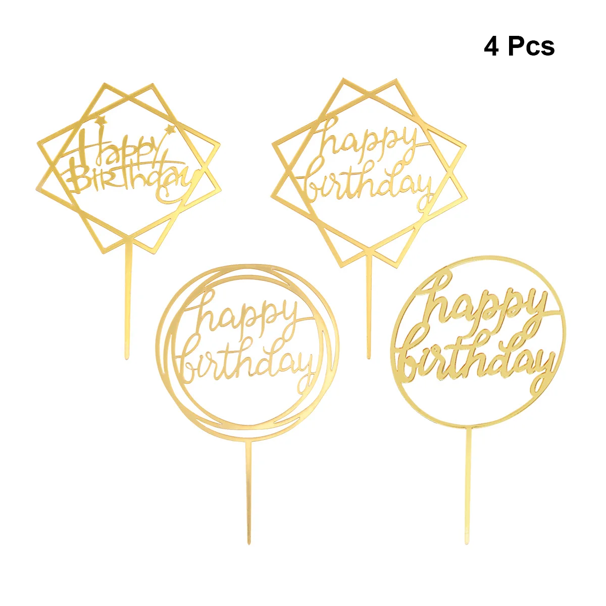 

4pcs/Pack Baking Cake Decoration Supplies Golden Square Circle Cake Toppers Shiny Happy Birthday Cake Picks For Birthday