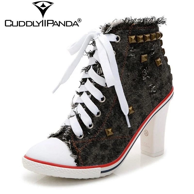 

CuddlyIIPanda 2019 Autumn Old Ripped Jeans Women Pumps Denim Rivets Leisure Shoes Camouflage Retro High Heels Zapatos Mujer