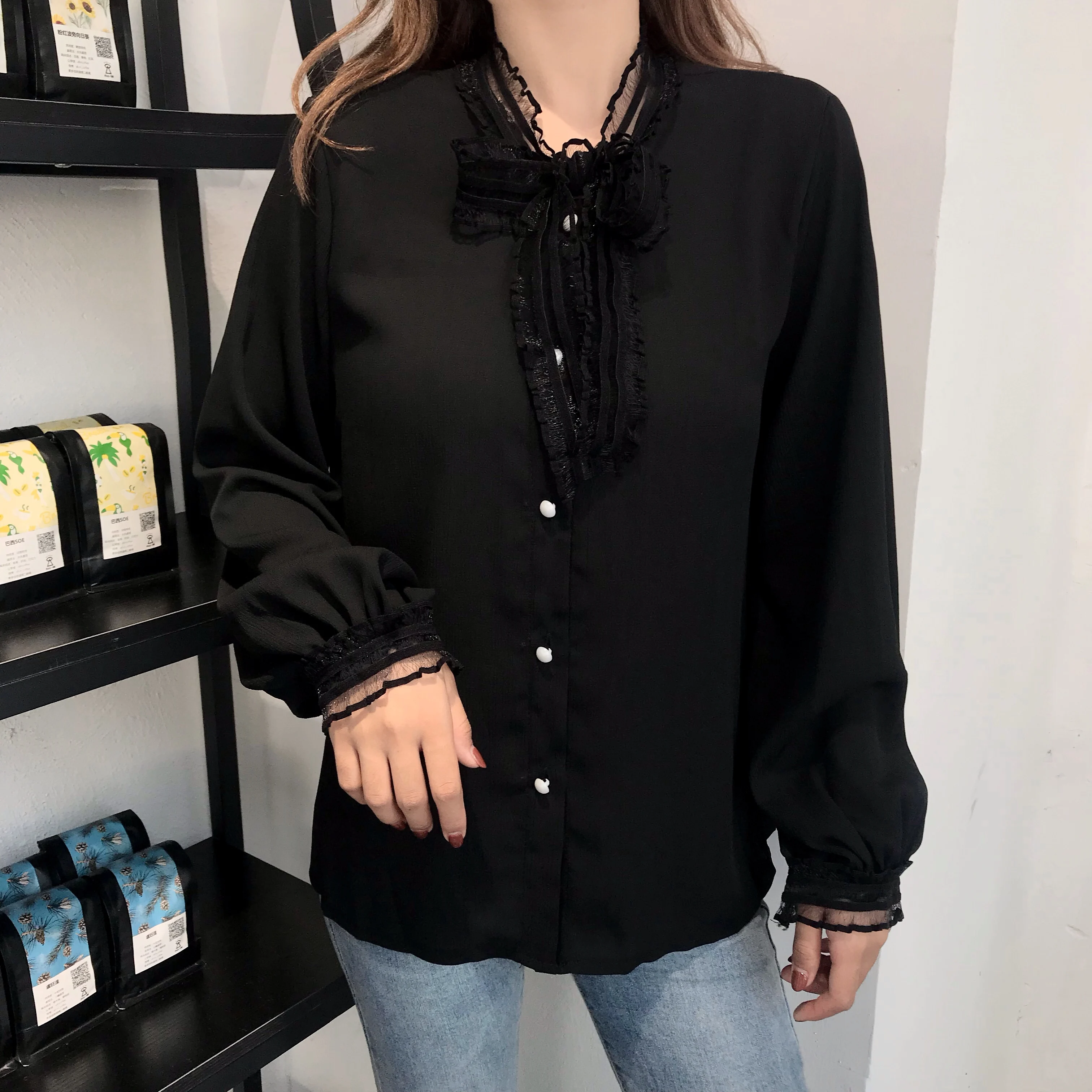 Chiffon para Mulheres Camisas Femininas Primavera Moda Arco Longo Lanterna Manga Elegante Confortável Feminino Lazer Único Breasted Doce Chique 33 Moda Feminina