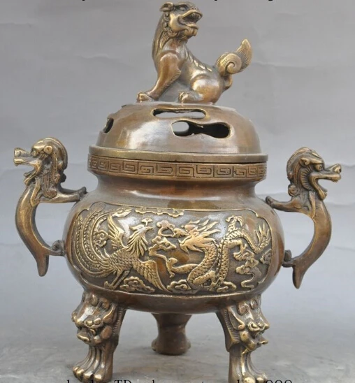 

9"China Bronze Feng Shui Dragon phoenix Lion beast statue Incense Burner Censer