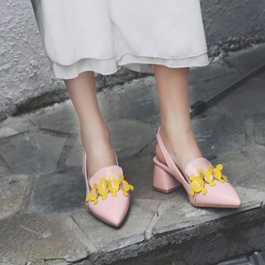 Толстый Slingback синий Размер 33 высокие каблуки дизайнер насосы 13 45 12 44 женская обувь размер Указательный палец лакированная кожа средний сандалии Плюс закрыто китайская новая Китай мода Лето - Цвет: Розовый
