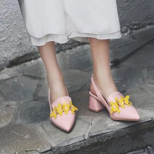 Розовый Толстый Slingback синий Размер 33 высокие каблуки дизайнер насосы 13 45 12 44 женская обувь размер Указательный палец лакированная кожа средний сандалии Плюс закрыто китайская новая Китай мода Лето - Цвет: Розовый