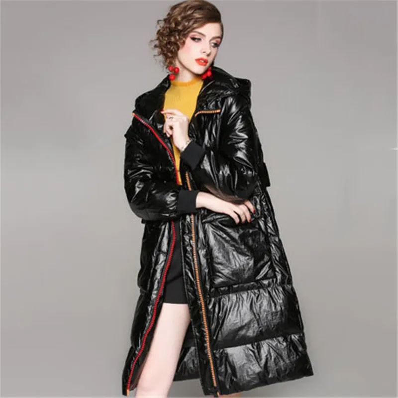 

New White Duck Down Long Jacket Windproof Parka 2019 Fashion Glossy Hooded Women Winter Coat Plus Size Feather Overcoat YH401