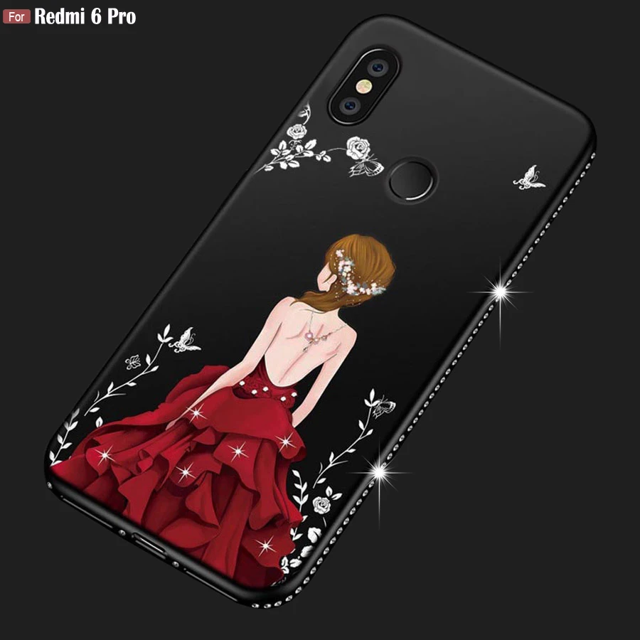 

New Rhinestone Case For Xiaomi Redmi 6 Pro Redmi6 Pro Cases Luxury 3D Relief Dress Girl Pattern Silicone Protective Cover 5.84"