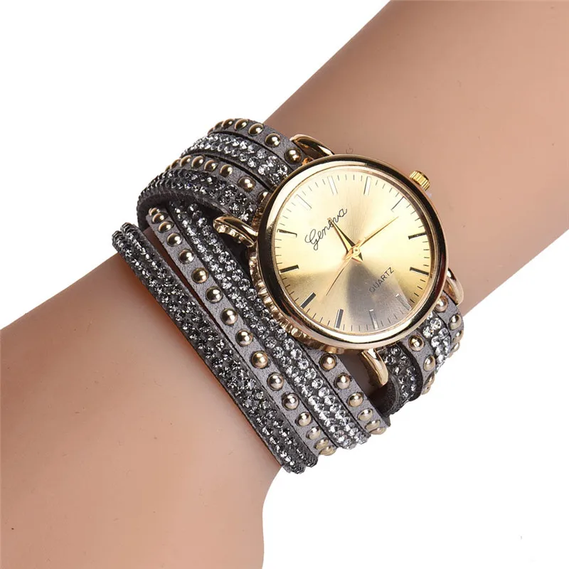 Модные роскошные кожаные часы-браслет с кристаллами и заклепками, женские кварцевые часы, повседневные женские наручные часы, Relogio Feminino, Прямая поставка# D - Цвет: D