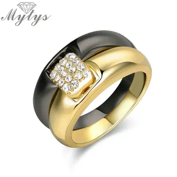 

Mytys Two Tone Black and Gold Color Double Band Rings for Women Lover Relationship Engagement Wedding Rings Gift Jewelry R1919
