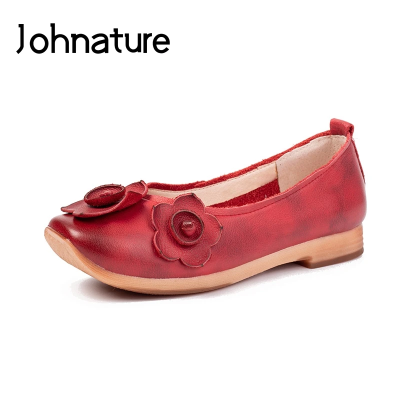 

Johnature 2019 New Spring/Summer Genuine Leather Loafers Retro Round Toe Casual Flower Shallow Slip-on Women Shoes