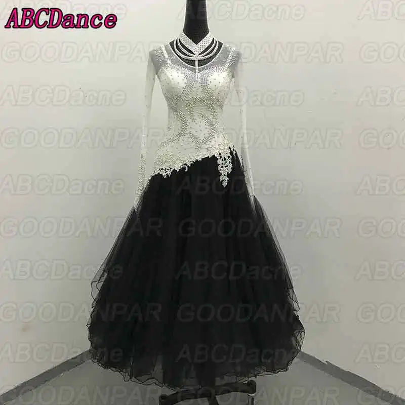 

Ballroom dance competition dresses mesh skirt Modern dance dress Black white longsleeve Waltz dance dress