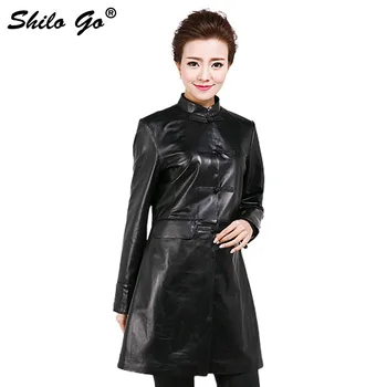 

Plus size new spring autumn fashion women high quality Mandarin collar Covered button long black leather genuine leather coat