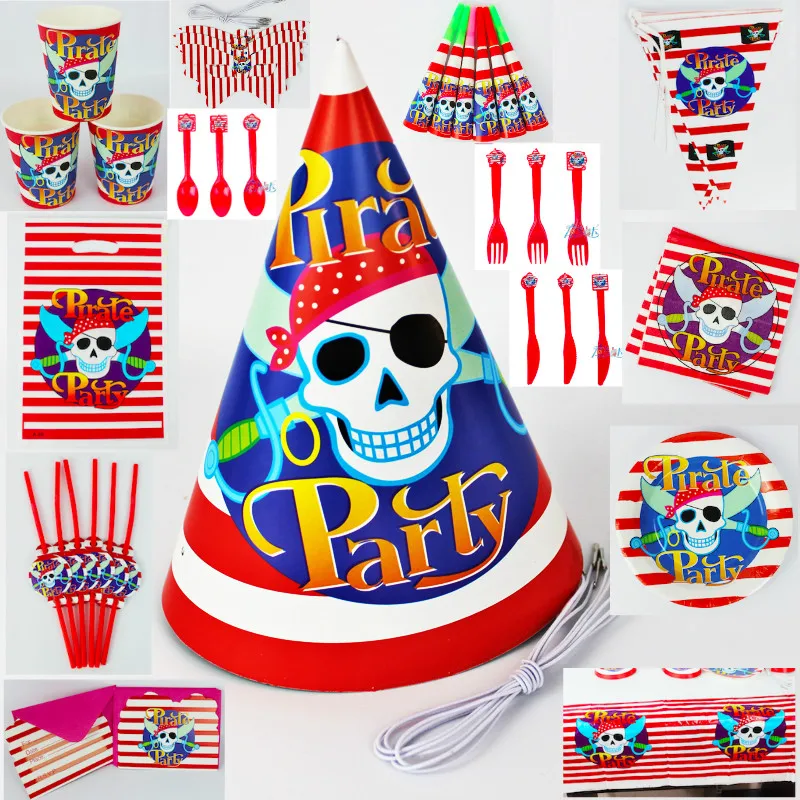 

Quality pirate happy Birthday Party Decoration cup plate spoon forks banner hat festival Party event party supplies