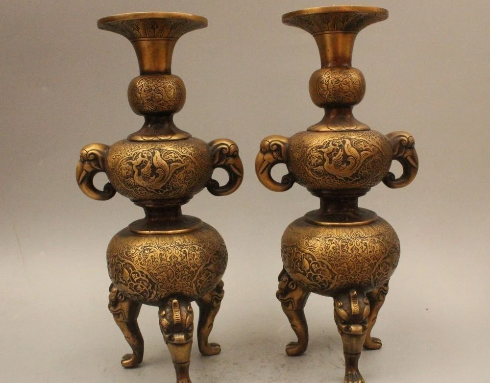

14"Chinese Dyansty Bronze Elephant Phoenix Beast Candle Holder Candlestick Pair