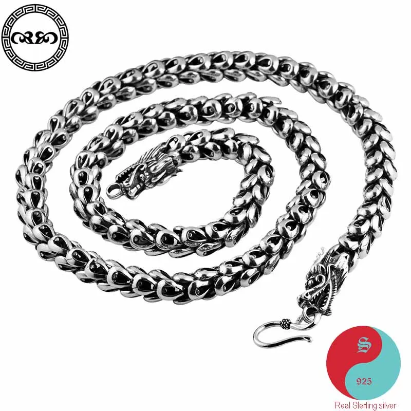 

Retro Solid Real 925 Silver Sterling Necklace Thai silver retro court original handmade double dragon head necklace for men