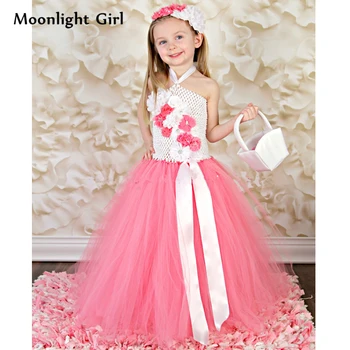 

Pink White Princess Flower Girl Tutu Dress Formal Ball Gown Wedding Party Dress For Kids Long Birthday Dresses Girls pq1352