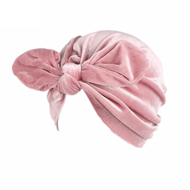 Женская Шапка-бини с заячьими ушками, шапка под хиджаб, стильная бархатная Шапка-тюрбан, повязка на голову с бантом - Цвет: Розовый