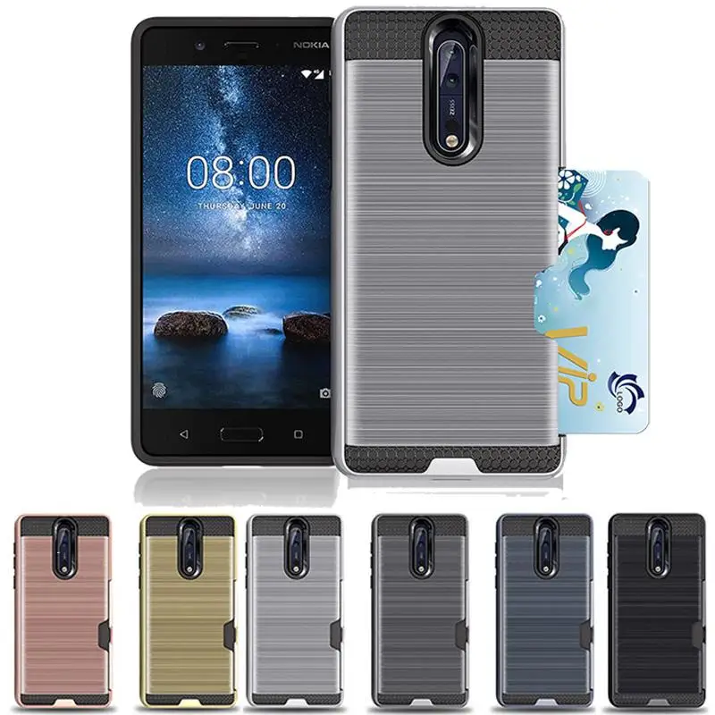 

Shockproof Hybrid Brushed Armor Rubber Card Slots Pocket Case Cover for Nokia 8