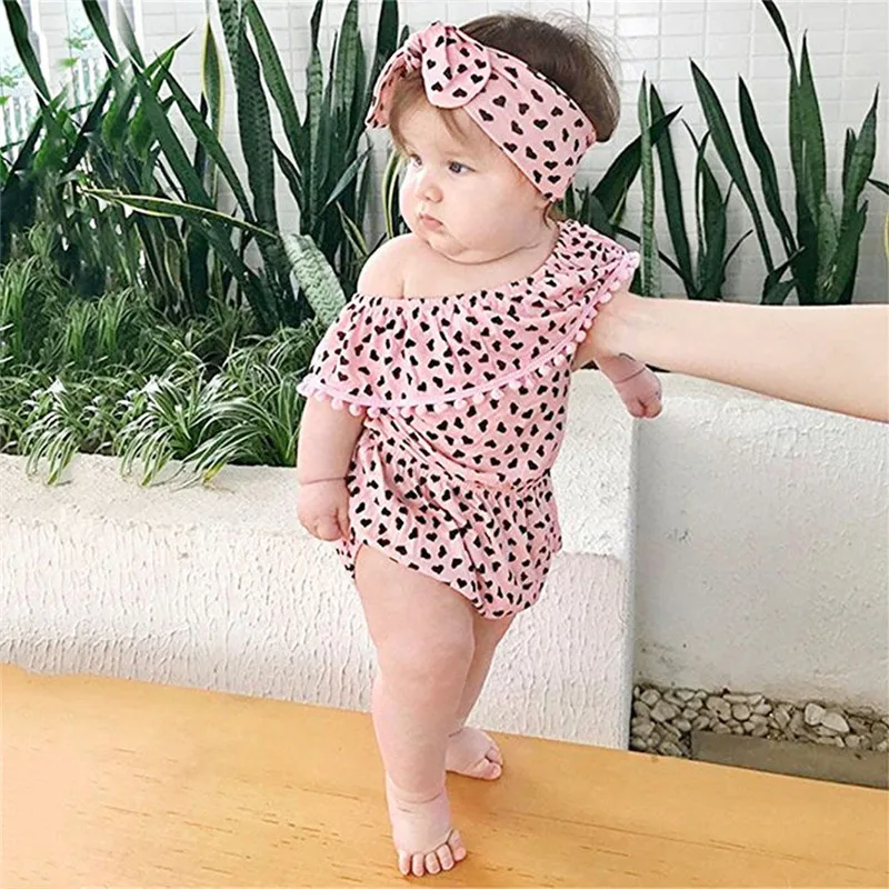 Girls suit summer 2019 new   2Pcs Baby Girls Infant Heart Tassel Jumpsuit Romper+Headband Set Clothes  (3)