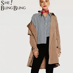 SheBlingBling осень ветровка с длинными рукавами Новинка весны Для женщин длинный плащ пальто Повседневное однобортный женский пальто
