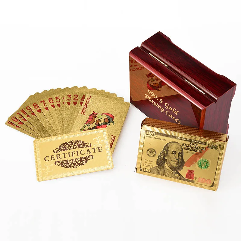 comprar (Cartão de cartões de ouro + caixa de madeira + Certificado) folha de ouro Jogando Cartas de Poker Folha De Ouro Banhado cartas de Poker jogos de Cartão Engraçado de Alta grade