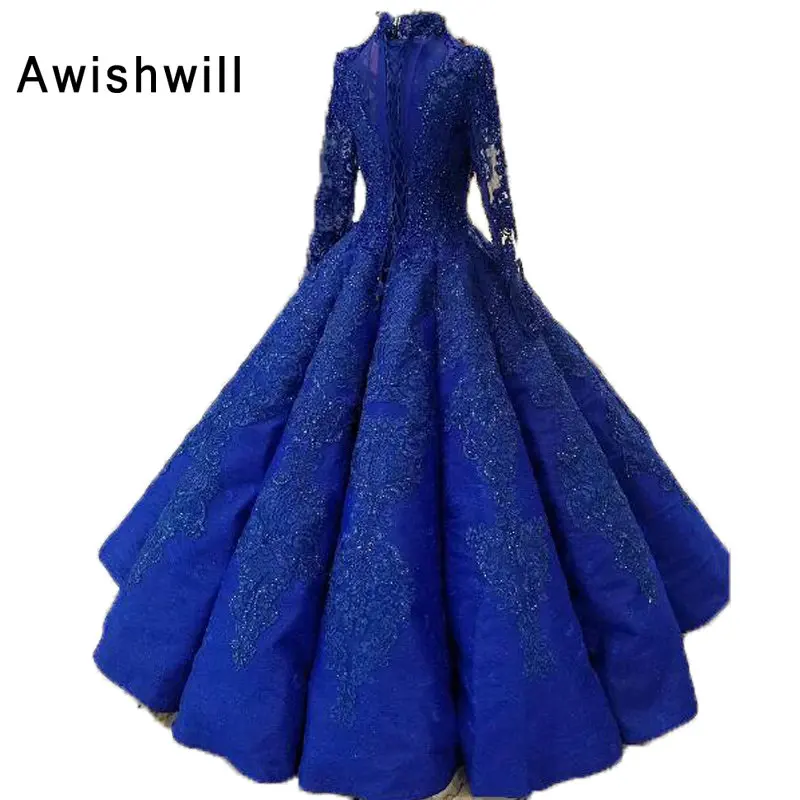 Royal Blue Arabic Evening Dresses Long 2019 Floor Length Beaded Appliques Ball Gown Party Formal Dress Muslim Real Pictures