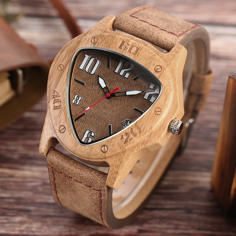 Mens Wooden Watch Creative Inverted Geometric Triangle Shaped Big Numbers Dial Quartz Clock Male Genuine Leather Reloj de madera 2017 Christmas Gifts (8)