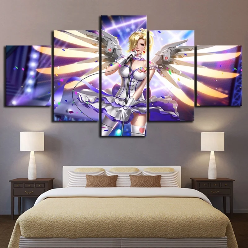 

5 Piece OW Game Poster Angel Singer Picture Modern Printed Canvas Wall Art Home Decor Cartoon Painting Artwork Framework Cuadros