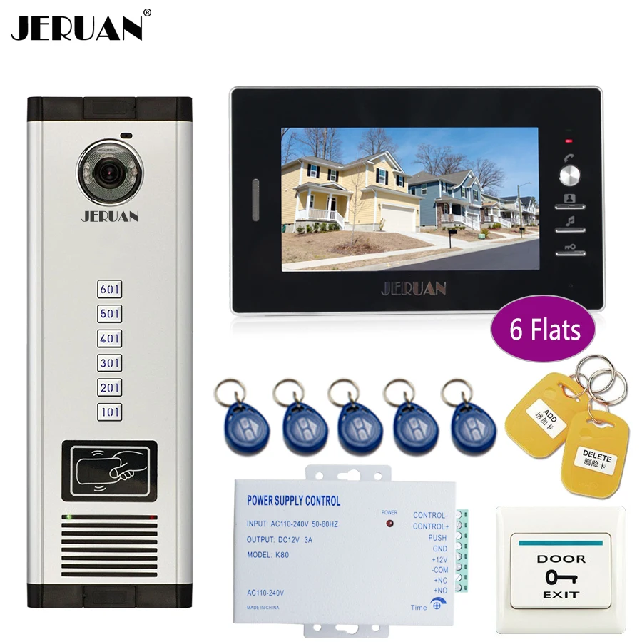 

JERUAN 7 inch LCD Monitor 700TVL Camera Apartment video door phone 6 kit+Access Control Home Security Kit
