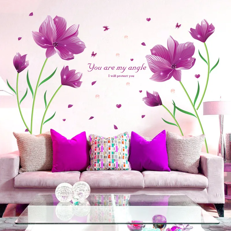Новые фиолетовые красивые цветы, бабочка наклейки на стену для гостиной ТВ фон украшение дома Спальня Искусство Наклейки Фрески