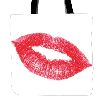 

Hot Kiss Printing Tote Bag For Shopping Food Convenience Women White Canvas Hand Bags Two Sided Printed Love
