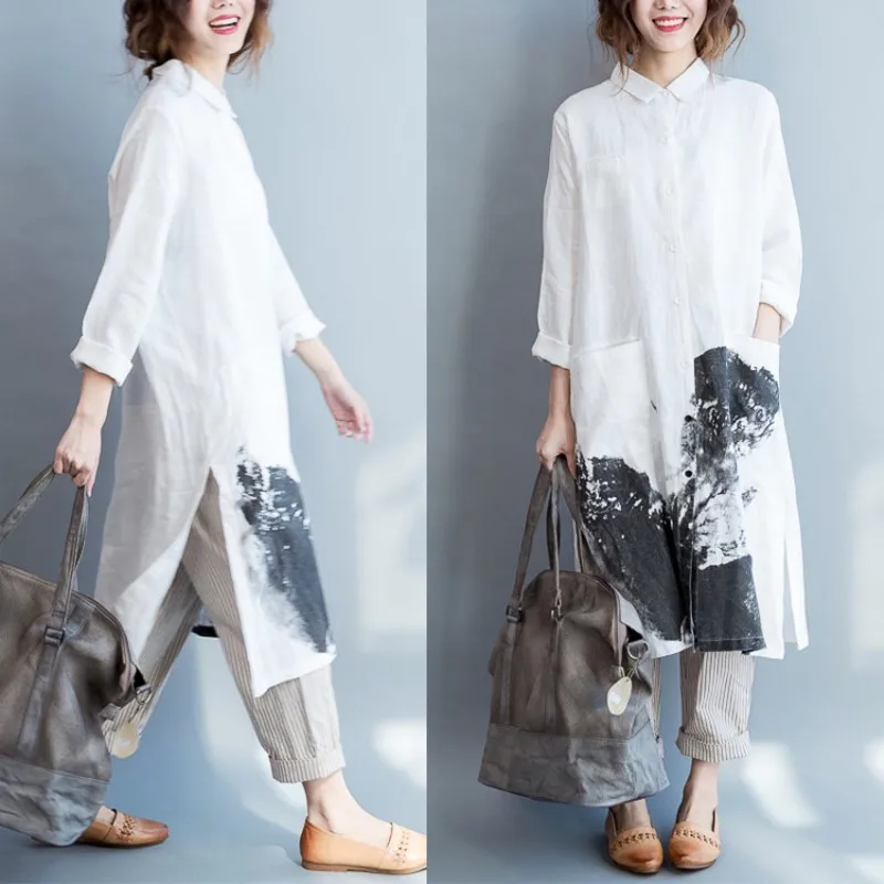 

New Arrive Female Relaxed Leisure Lapels Linen Shirt Casual Skirt Dress White Cotton And Linen Long Sleeve Shirt Dress