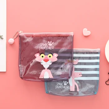 

1 Pcs Cute Cartoon Pink Panther Transparent Pencil Bag Stationery Pink Leopard Pocket Zipper Make up Bag Storage Cosmetic Bag