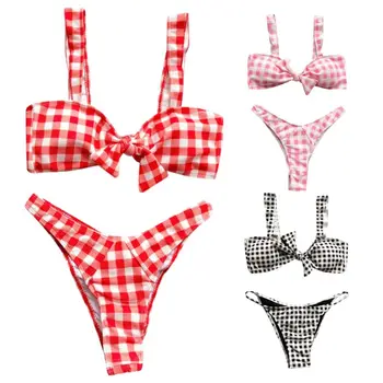 

Women Sexy Two Piece Bikini Set Ruffles Straps Tie Bowknot Front Bra Retro Contrast Color Plaid Printing Swimsuit High Cut Trian