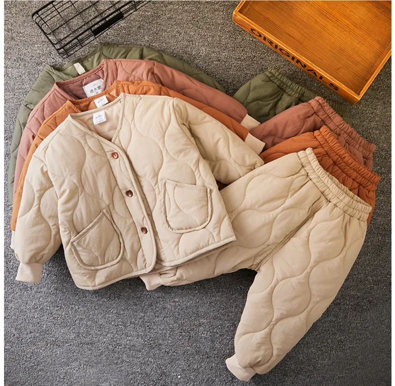 Комплекты из 2 предметов для мальчиков и девочек 18 мес.-5 лет, зимняя свободная пуховая хлопковая куртка, пальто+ штаны, штаны, теплый зимний костюм, детская зимняя одежда для мальчиков
