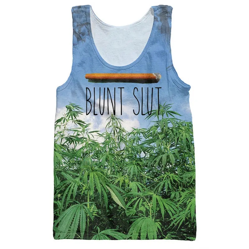 Men Fashion Clothes Blunt Slut Tank Tops Print Green Weed Leafs Pattern Stringer Vest Hipster