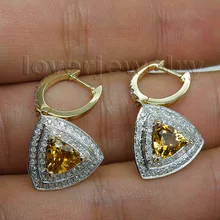 Романтические вечерние трлн 6x6 мм сплошной 14Kt желтого золота с бриллиантом цитриновые серьги ESR005