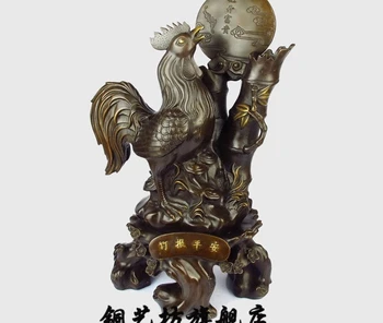

14" China Fengshui Zodiac Rooster Cock Chicken And Bamboo Blessing Bronze Statue