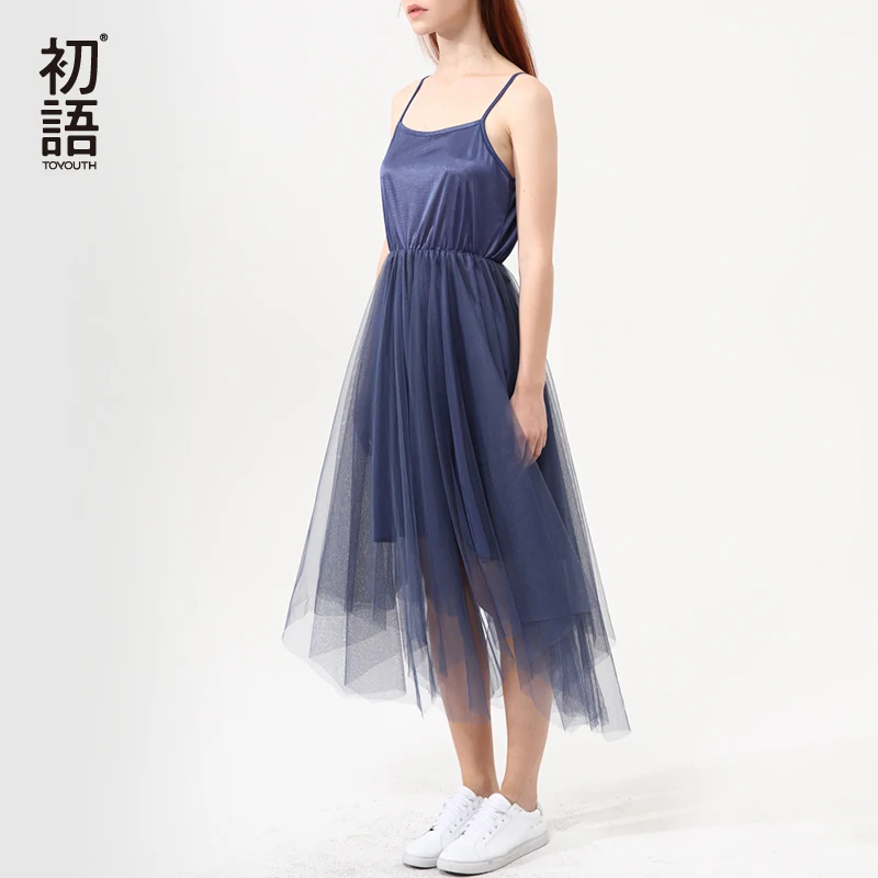 

Toyouth 2019 Summer Spaghetti Strap Dresses Irregular Mesh Tutu Dress For Women Solid Sleeveless Party Midi Vestidos Feminina