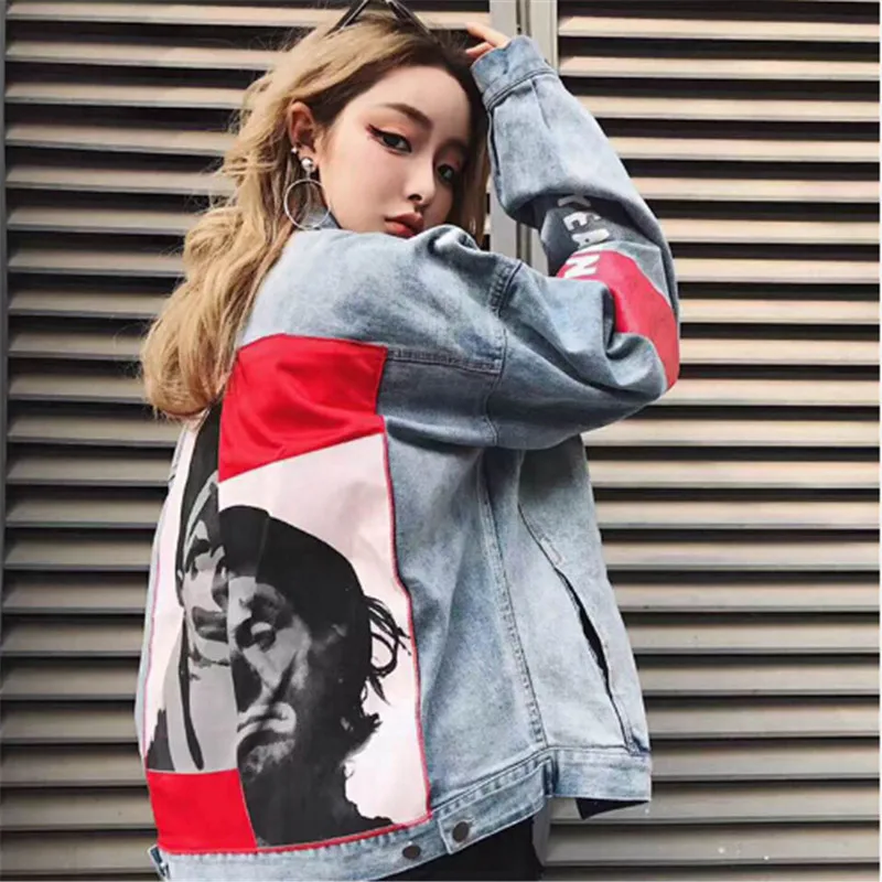 

2018 Letters Printed Clown Cool Denim Jacket Coat Women Vintage Basic Jackets Loose Outwear