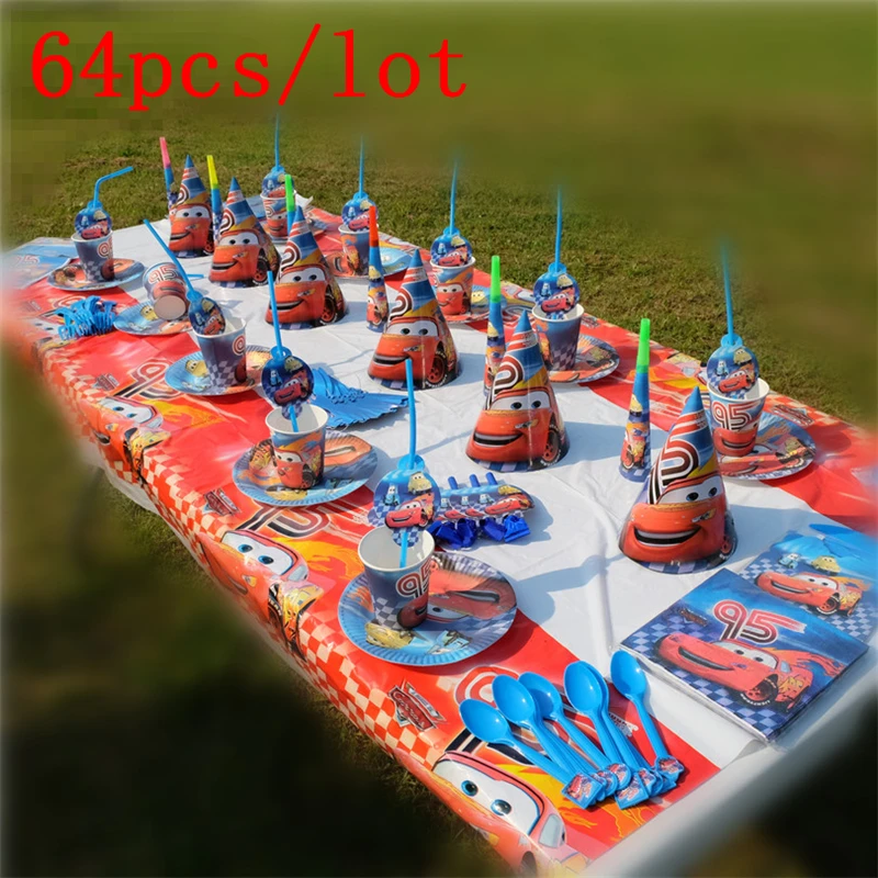 

64Pcs/Lot Disney Lightning McQueen Cars Theme Design Cute Tableware Noise Maker Birthday Party Family Party Decoration Supply