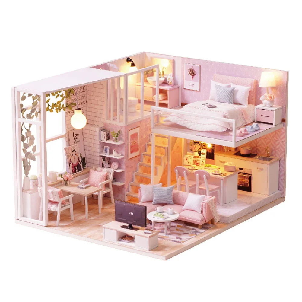 

Doll House Battery Powered Furniture Children Kit Miniature Wooden Apartment Gift Villa LED Light Christmas DIY Assembling Toy
