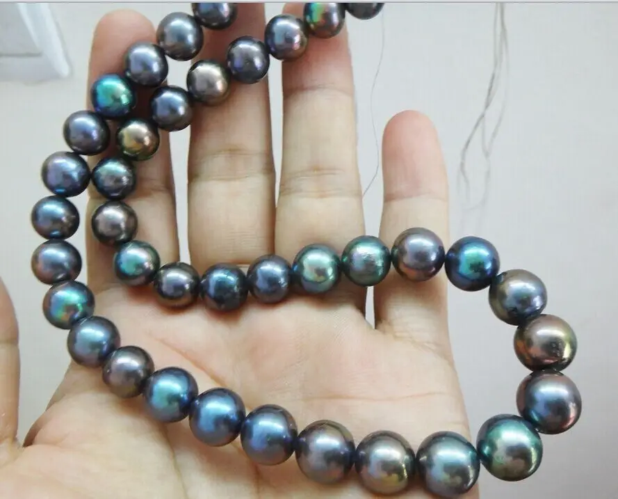 Superb 18 "10-11 мм Природный TAHITIAN подлинный черный павлин круглый жемчужное ожерелье