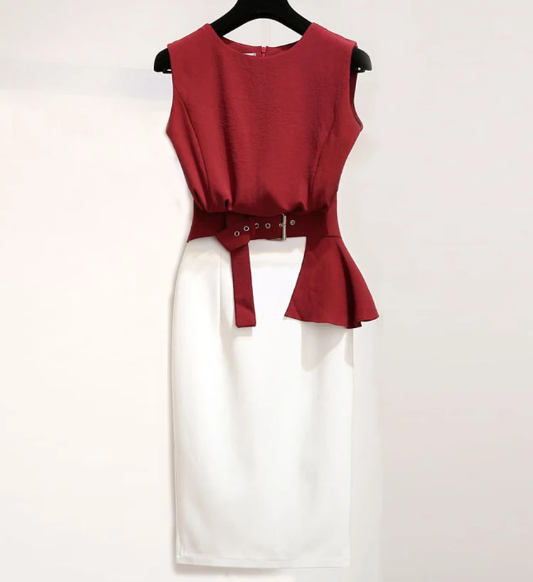 Women OL Office Work Wear Skirt 2 Piece Set Wine Red Cotton Linen Sleeveless Crop Top Blouse Ruffle Sashes  White Skirt Suit Set (1)