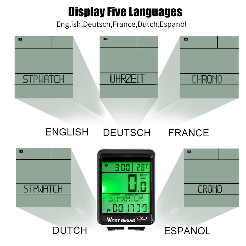 WEST BIKING, беспроводной секундомер, 5 языков, многофункциональный велосипедный компьютер, автоматическое пробуждение, светодиодный спидометр, велосипедный компьютер