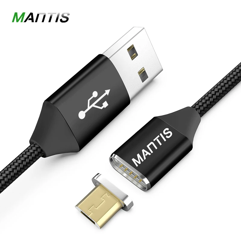 Магнитный Micro USB кабель MANTIS, зарядное устройство, светодиодный, 2 А, магнит, 1 м, 2 м, USB, Android, кабель для передачи данных, для Xiaomi, кабели для мобильных телефонов - Цвет: Black