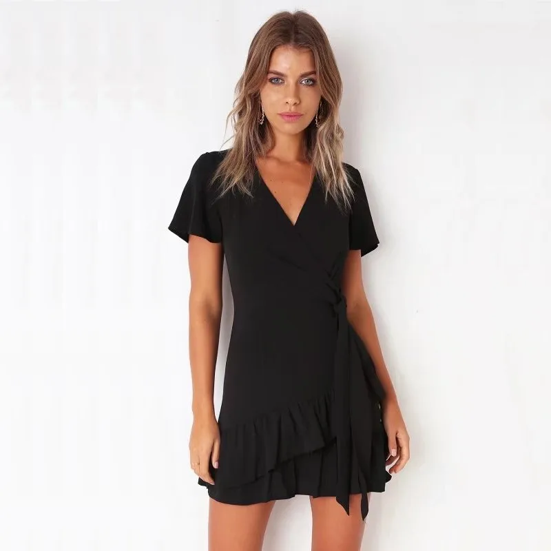 yinlinhe V neck Red Summer Dress Short Sleeve Bow Knot Lace Up Ruffles Dress Women Solid Slim Sexy Bodycon Vestido 4