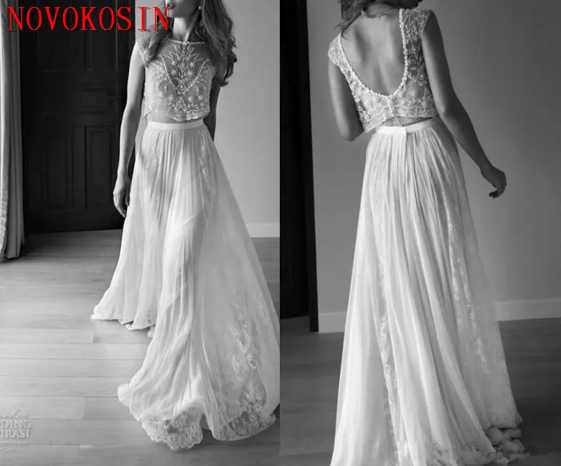 

2019 Wedding Dresses Two Piece Sleeveless Low Back Pearls Beading Sequins Lace Chiffon Beach Boho Bohemian Wedding Gown