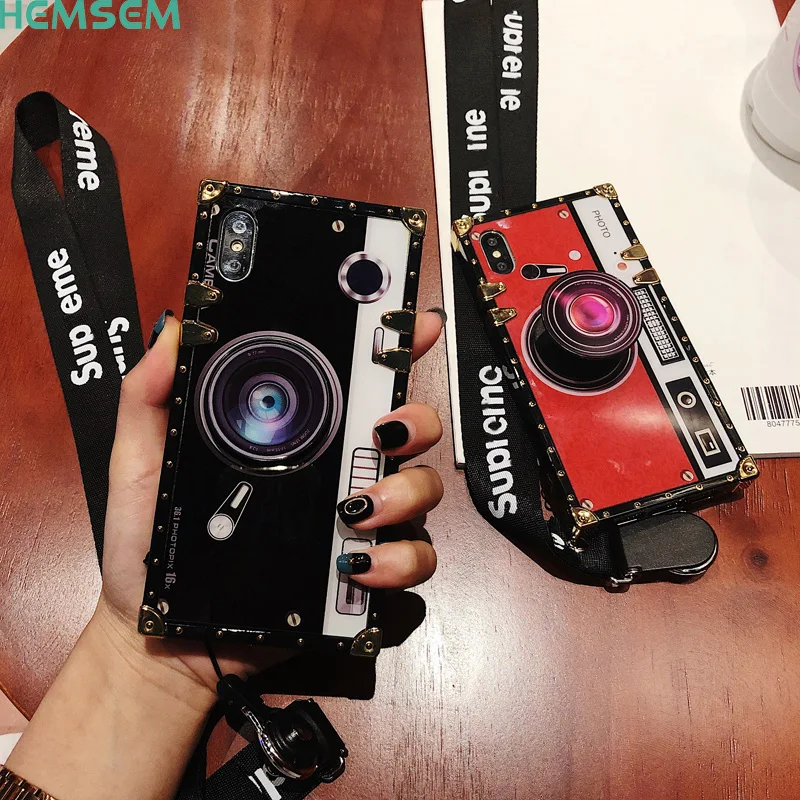 

Luxury New Retro 3D Camera Stand Shockproof Case for iPhone X XS Fashion Square Case for IPhone 6 6S 7 8 9 plus Cover and holder